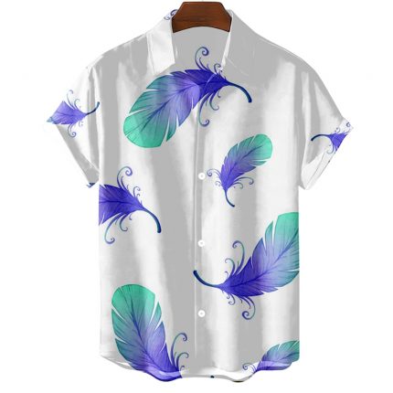 2023 Fashion Mens Hawaiian Shirts Feather Graphic Short Sleeve Tops Oversized Apparel Seaside Casual Shirts Summer Clothing New 2