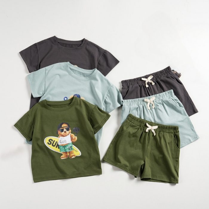 Summer Children Sets Cartoon Bear Printed T-shirt + Drawstring Solid Shorts 2pcs for Boys Girls Children Tracksuits Causal Suits 1