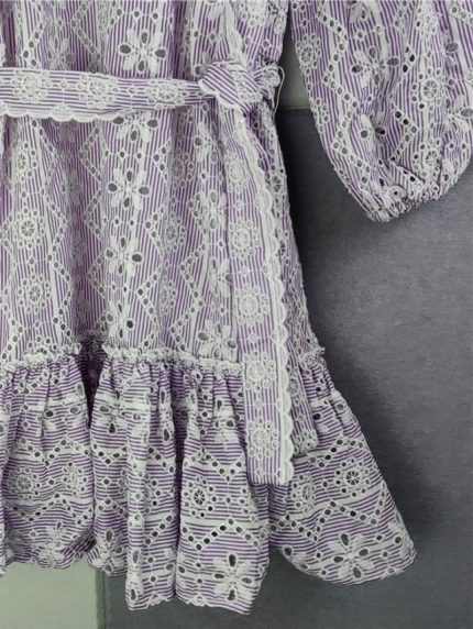 Women Floral Embroidery Hollow Out Lantern Sleeve Ruffled Lace Up Waist Holiday 2023 Early Spring New Mini Dress 1