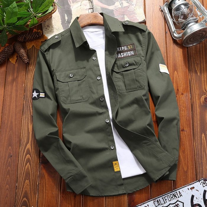 Men's Shirts Military Casual Shirt Cotton Khaki Retro Slim Fit with Pocket Long Sleeve Vintage Jacket Streetwear Drop Shipping 1