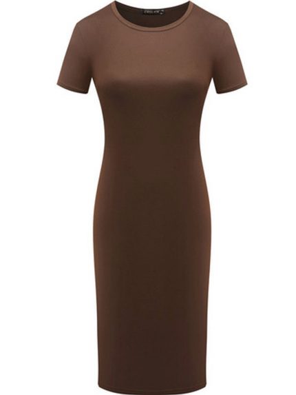 Women Short Sleeve Skinny Round Neck Slim Pencil Dresses Modest Elegant Bodycon Solid Dress Elastic Mujer Vestidos 2
