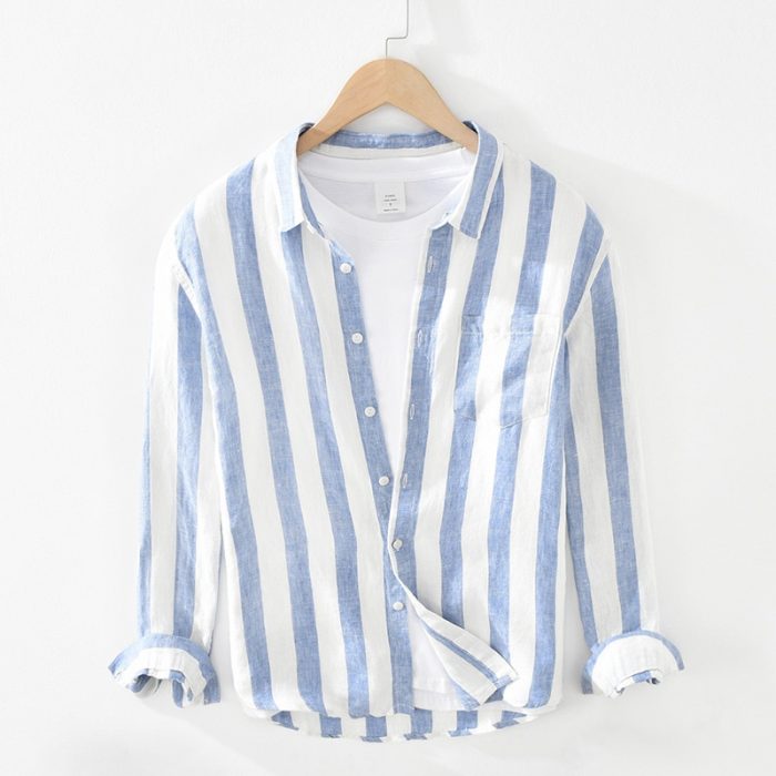 Pure Linen Long Sleeve Striped Patchwork Shirt for Men Turn Down Collar Casual Classical Tops Male Oversized Button Up Shirt 1