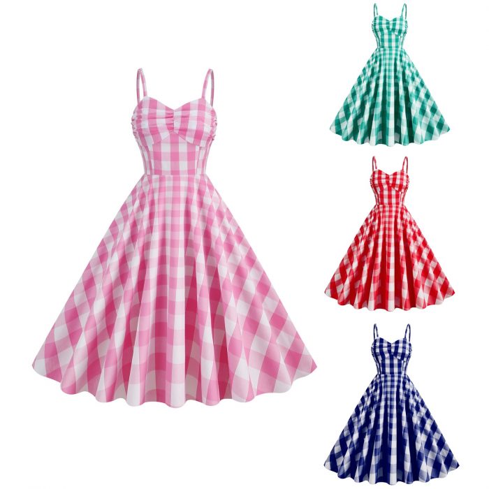 Women Vintage Barbiee Pink Plaid Dress Retro Rockabilly Strap Suspenders Cocktail Party 1950s 40s Swing Dress Summer Dress 1