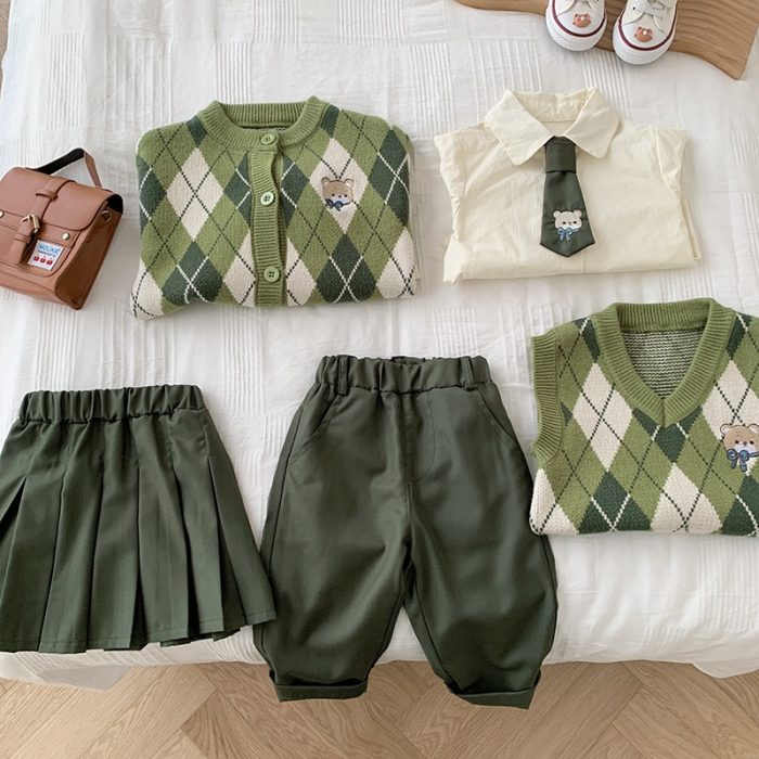 Korean 3Pcs School Girls Clothes 2023 Spring Baby Sweater Cardigan+Pleated skirt+Shirt+Pants Boys Preppy Clothes Kids Outfit 2
