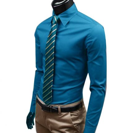 Men Dress Shirt New Fashion Men Solid Color Business Long Sleeve Men Button Turn Down Collar Shirt Top Polyester 2