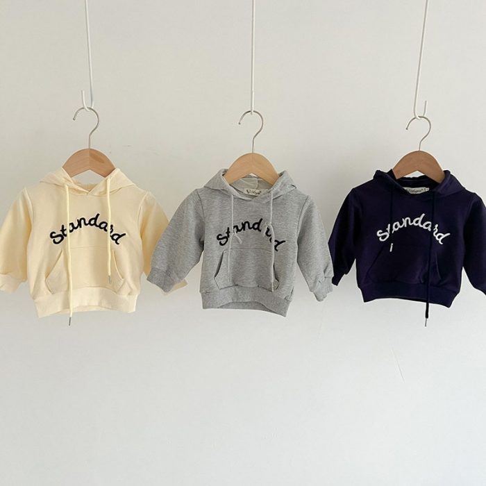 Korean Style Kids Pullover Tops Hooded Letter Embroidery Cotton Long Sleeve Spring Autumn Toddler Baby Girls Boys T-shirt 1