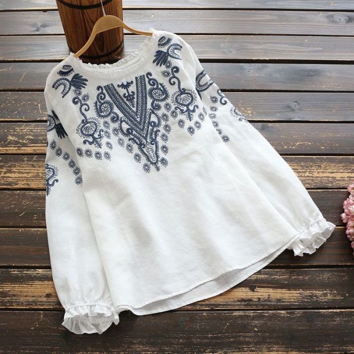 Spring Long Sleeve Ruffles Tops Women Vintage Embroidery Blouse Casual O Neck Cotton Linen Blusas Femininas Shirt Mujer 1