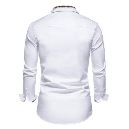 PARKLEES 2023 Autumn Plaid Patchwork Formal Shirts for Men Slim Long Sleeve White Button Up Shirt Dress Business Office Camisas 2