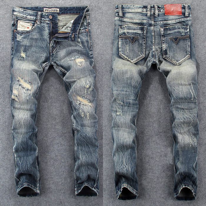 Streetwear Fashion Men Jeans Retro Wash Slim Fit Destroyed Ripped Jeans Men Hole Trousers Patched Vintage Designer Pants Hombre 1