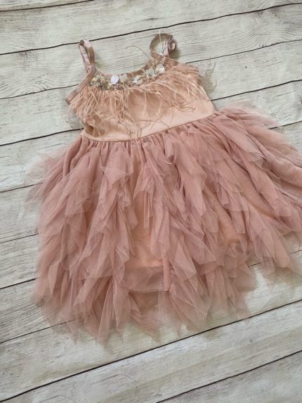 Kids Beaded Princess Dress Girls Summer  Feather Pleated Dress Baby Flower Dresses 2