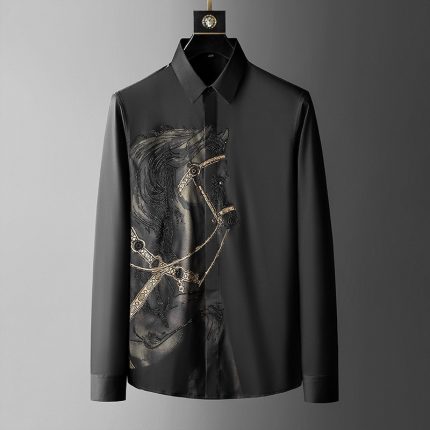 Rhinestones Shirts Mens Luxury Top Diamond Men's Shirt Long Sleeve Slim Casual Shirt Black Animal Horse Shirt Social Autumn 2