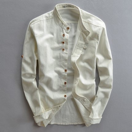 Men Spring Autumn Japan Vintage Style Cotton Linen Shirts Stand Collar Slim Fit Single Breasted Simple Design Soft Casual Shirt 2