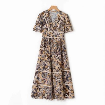 Women's Mid-Calf Dress Single Breasted Floral Print High Waist Tunic Ladies Deep V-Neck Short Sleeve Robes 2022 Spring 1