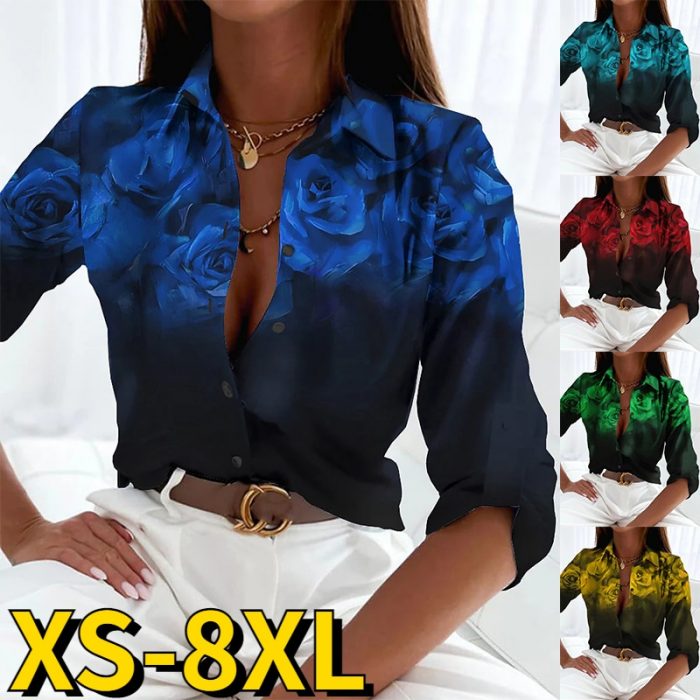 2023 Spring Fashionable Casual Long Sleeve Sexy V-neck Tops Flower Printing Button Shirt Women's Retro Elegant Loose Blouses 1