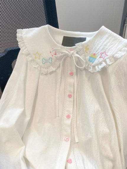 2023 Spring Blouse Women Japanese Kawaii Cute Lace Patchwork Peter Pan Collar Shirt Vintage Sweet Embroidery Top Blusas Feminina 1