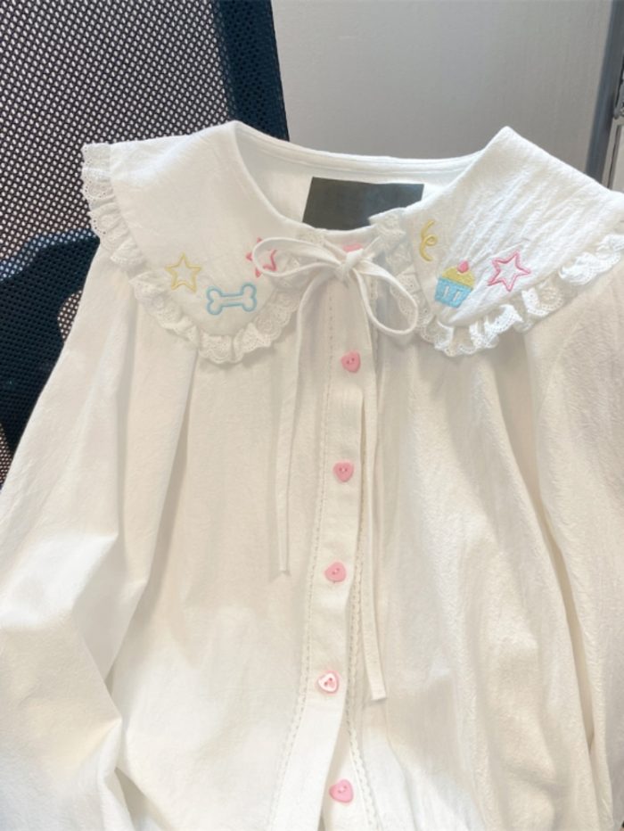 2023 Spring Blouse Women Japanese Kawaii Cute Lace Patchwork Peter Pan Collar Shirt Vintage Sweet Embroidery Top Blusas Feminina 1