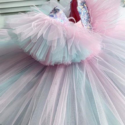Princess Girls Fly Sleeve Feather Dress for Teenager Wedding Dress Ruffles Sleeve Tiered Rainbow Vesitido Clothing 2