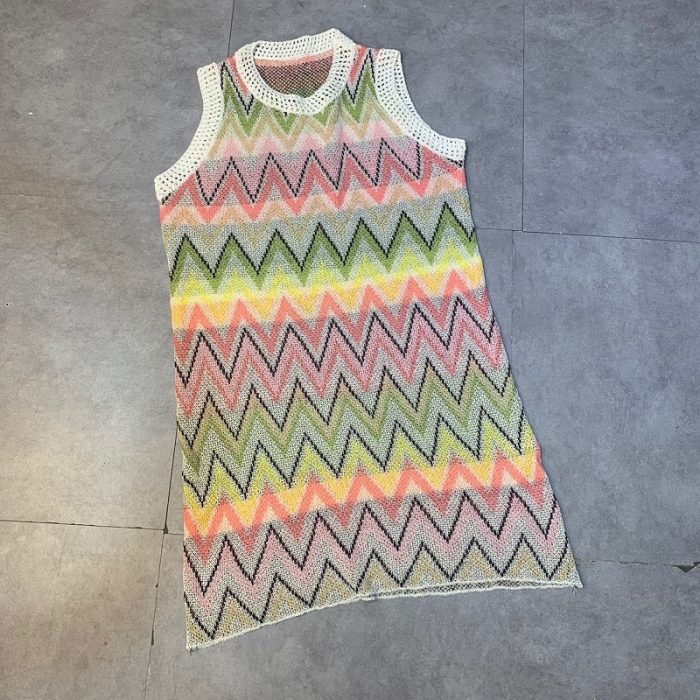 Summer Knit Mini Dress Women Rainbow Striped Dress Ladies Sleeveless Hollow Out Patchwork Sundress Fashion Casual Robe Femme 1