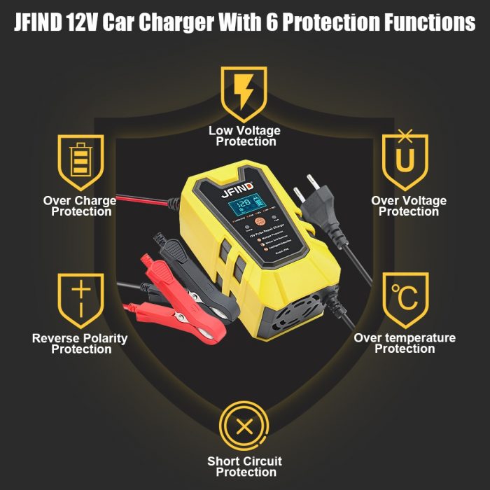 Jfind 12V Pulse Repair 6A Lead-acid lithium Car Battery Charger LCD Display battery tester Fast Charge For Car/Motorcycle 1