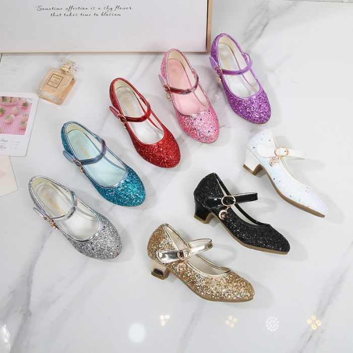 Bling kids rhinestone casual shoes fashion school performance heels pumps girls sequins Princess shoes 1