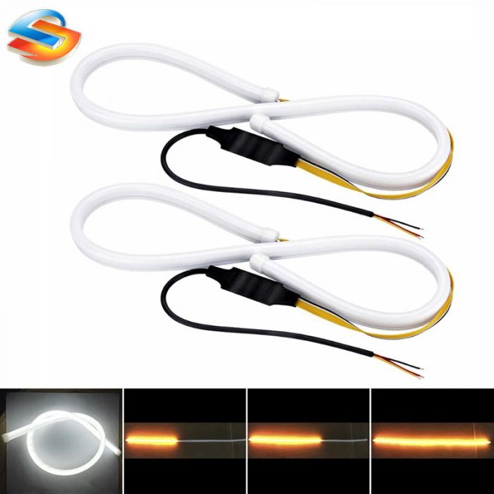 2pcs Flexible Flowing Tube Strip Car DRL Turn Signal Angel Eye White Amber LED Daytime Running Lamp Headlight 30cm 45cm 60cm 1