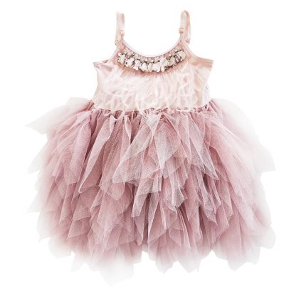 Kids Beaded Princess Dress Girls Summer  Feather Pleated Dress Baby Flower Dresses 1