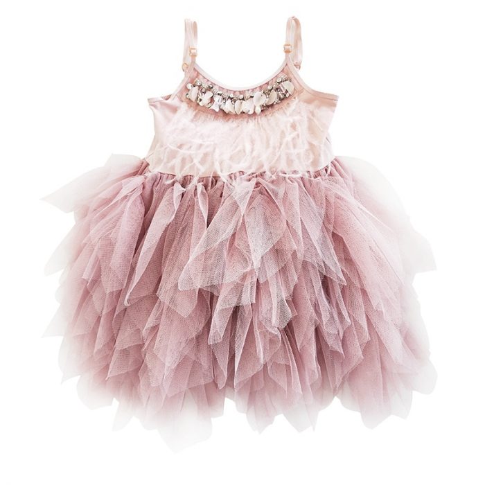 Kids Beaded Princess Dress Girls Summer Feather Pleated Dress Baby Flower Dresses 1