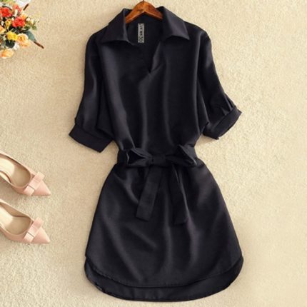 Casual Tunic Shirt Dress Woman Solid Dress Summer Office Lady Chiffon Blouse Dress Short Sleeve Sashes Dress Fashion Vestidos 2