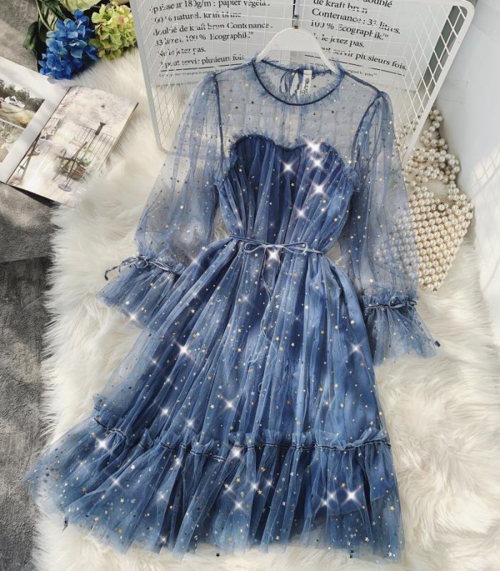 Women dress Stars Sequined Mesh Shiny Fairy Dress Women Elegant Bling Gauze Princess Puff Dresses Actual Photo Of Long Dress 1