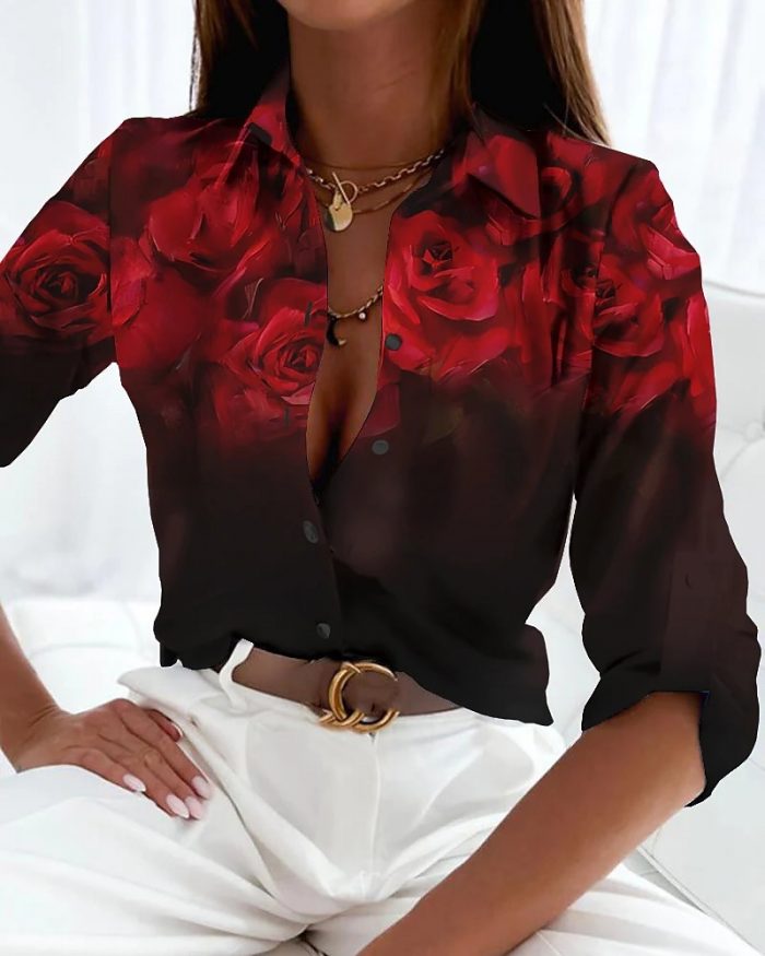 2023 Spring Fashionable Casual Long Sleeve Sexy V-neck Tops Flower Printing Button Shirt Women's Retro Elegant Loose Blouses 2
