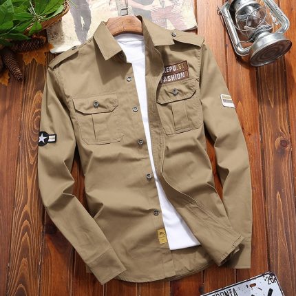 Men's Shirts Military Casual Shirt Cotton Khaki Retro Slim Fit with Pocket Long Sleeve Vintage Jacket Streetwear Drop Shipping 2
