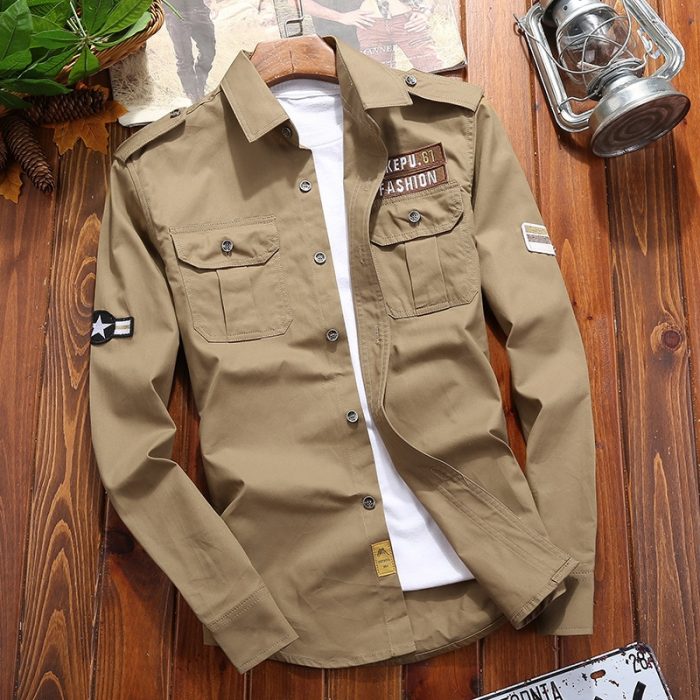 Men's Shirts Military Casual Shirt Cotton Khaki Retro Slim Fit with Pocket Long Sleeve Vintage Jacket Streetwear Drop Shipping 2