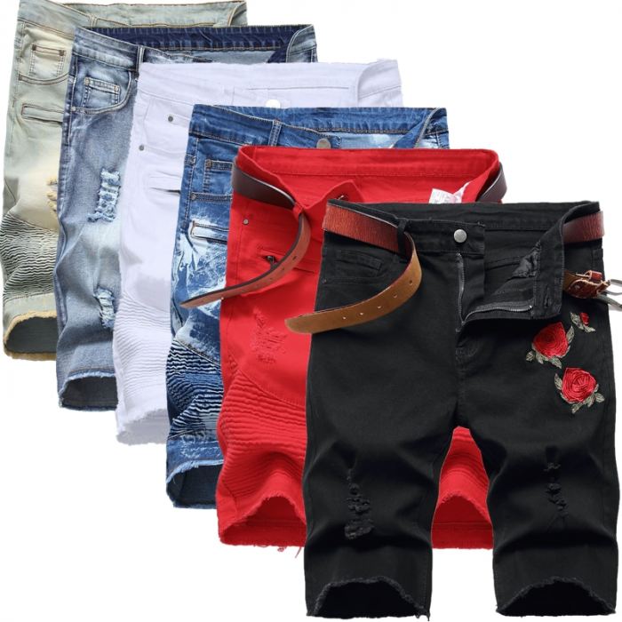 Summer Red Rose Embroidered Jeans Shorts Men's Fashion Casual Shorts Black Blue White Men Torn and Frayed Denim Shorts