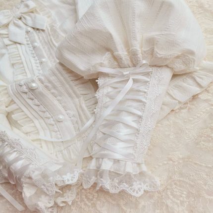 QWEEK Lace White Shirt Women Lolita Style Gigot Sleeve Beautiful Blouses Japanese Long Sleeve Ruffle Pleated Tops Kawaii Clothes 2