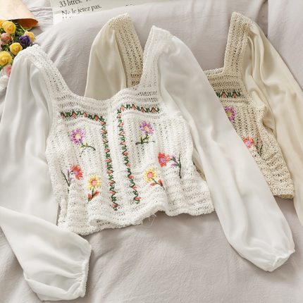 OUMEA Women Spring Autumn Cotton Crochet Square Neck Blouse Floral Embroidery Chiffon Sleeve Openwork Tops Sweet Japan Style Top 1