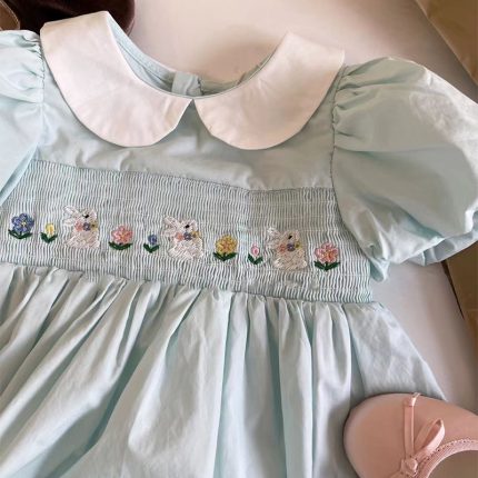 2023 New Baby Girls Dresses Sweet Clothes Short Sleeve Floral Embroidery Kids Summer Princess Dress Children Dress 2
