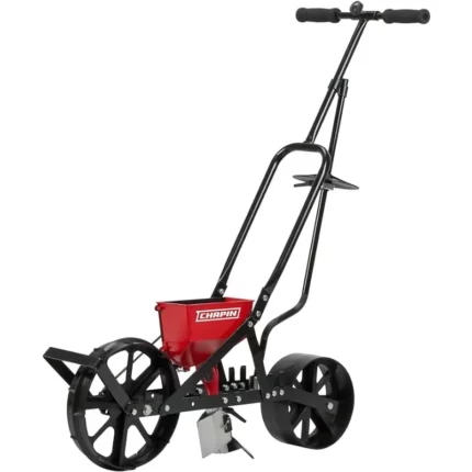 Garden field push seeder for up to 20 seeds, zinc plow blades with 6 seeding discs, row markers, powder coated steel frame 1