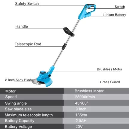 8 Inch Cordless Electric Lawn Mower Brushless Motor Grass Trimmer Adjustable Length Angle Telescopic Pruning Garden Tools Wheel 2