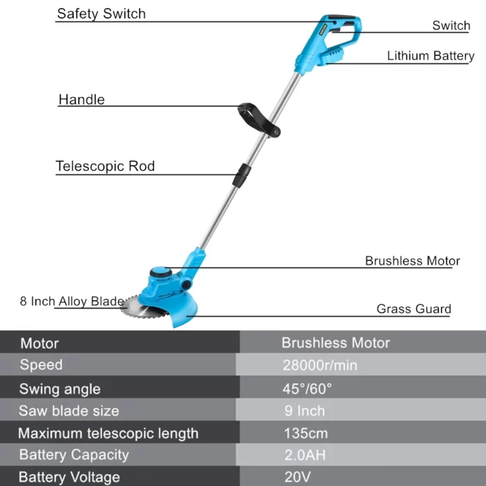8 Inch Cordless Electric Lawn Mower Brushless Motor Grass Trimmer Adjustable Length Angle Telescopic Pruning Garden Tools Wheel 2