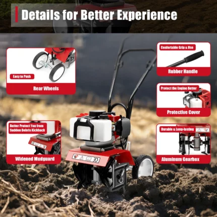 52cc Soil Gas Powered Mini Tiller 2 Stroke Single Cylinder Cultivator for Farm Garden Yard Lawn Tilling 2